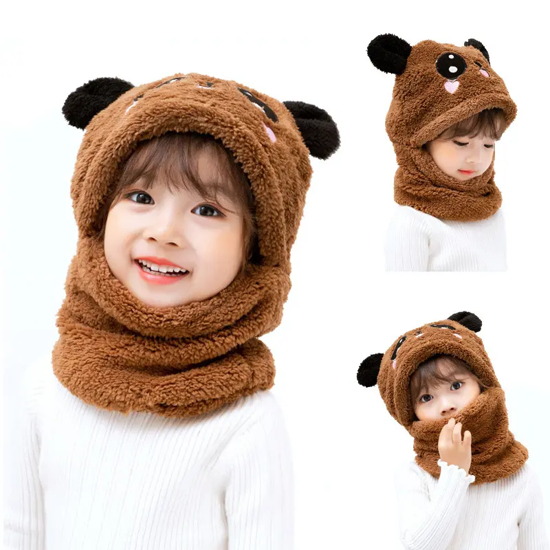 Winter Children Hat Plus Fleece Kids Caps Cartoon Hat For Girls Boys Scarf Thicken Cap one-piece scarf hat outdoor sports