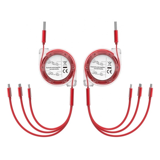 3-in-1 3A Fast Charging Type-C Data Cable One-to-Three 1M Retractable USB Cable Braid Charger Cable for Android Micro USB Phone