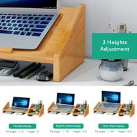 Support d'ordinateur portable en bambou pour bureau Support d'ordinateur portable réglable à 3 hauteurs avec étagère de rangement à 2 niveaux