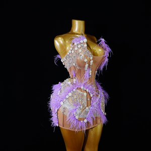 Mini-robe de scène professionnelle lavande ornée de plumes et de cristaux, style corset à baleines, décolleté plongeant en V, dos en maille transparente à lacets, pour spectacle de showgirl - Product Image 4