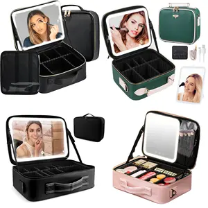Luxury Lighted Adjustable Dividers Illuminated Beauty Organizer Travel Led Portable Travel Makeup Bag with Led Mirror