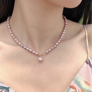Collar de Perlas de Agua Dulce Naturales en Forma de Arroz, Color Morado Uva Francés, para Mujer, Estilo Ligero y Lujoso con Cadena para Clavícula - Product Image 3
