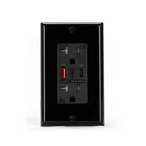 USB Power Black Outlet Fabricante EE. UU. Receptáculo dúplex estándar 20A 125V con PD20W Puertos USB de carga rápida Tipo-A y Tipo-C