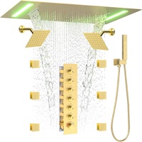 Système de douche thermostatique Homedec, jet pluie/cascade, pomme de douche 2-en-1, 6 jets, LED, finition or brossé, laiton, acier inoxydable