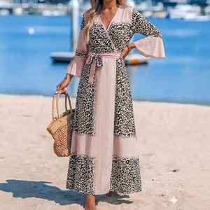 BYJ002 Robes d'été tendance pour femmes, décontractées et élégantes, imprimées léopard, col en V, manches évasées, à lacets, <span class=keywords><strong>robe</strong></span> longue ajustée, <span class=keywords><strong>plage</strong></span> - Product Image 2