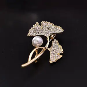 Hete Gemengde Mode Bloem Borstspeld Decoratieve Kwaliteit Strass Ginkgo Blad Broche Pin