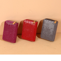 Grosir wanita 9 Slot kartu ID tempat kartu kecil warna Solid dompet PU kulit buaya ritsleting dompet koin Mini