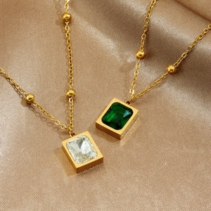 Geometric Square Pendant Gold Plated Stainless Steel Chain Necklace Green Stone Bezel Setting Daily Wear Gift Jewelry - Product Image 3