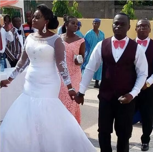 Nuovi stili di perle applicate Plus Size Vestido De Noiva su misura <span class=keywords><strong>sirena</strong></span> a buon mercato a manica lunga abiti da <span class=keywords><strong>sposa</strong></span> MWA368 - Product Image 6