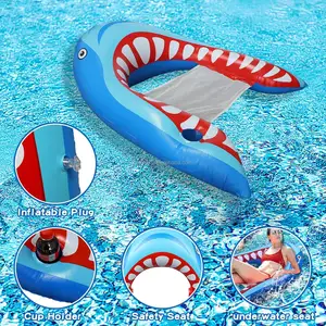 Adults Swimming Raft Shark Pool Float Chair Inflatable Shark Pool Lounge With Cup Holder