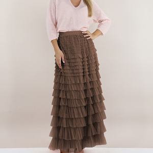 Jupes longues en tulle rose fluide, plissées à volants, à taille haute élastique, coupe trapèze, élégantes et douces, pour femmes, vente en gros sur mesure - Product Image 5