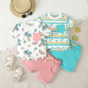 Newborn Boys Beach Outfit For Kids Leisure Rain Forest Printed T-Shirt Shorts Suit