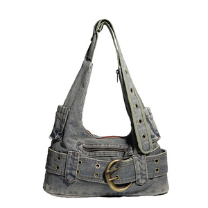 Sac à bandoulière vintage grunge en jean délavé gris, avec boucle, pour usage quotidien - Product Image 6