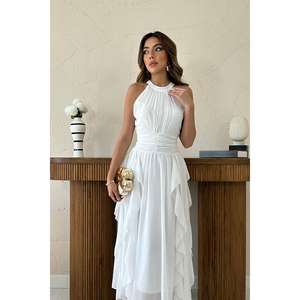 ชุดแต่งงานผ้าชีฟองสีขาวหรูหรา ทรงเอไลน์ คอแบบผูก สายเดี่ยว ระบายช่วงเอว ผ้าระบายอากาศดี กระโปรงพลิ้วสวย - Product Image 3