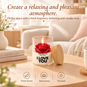 Bougie parfumée à la rose rouge luxueuse faite à la main avec couvercle en bambou, cadeau romantique pour la nouvelle maison, la Saint-Valentin - Product Image 4