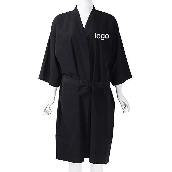 Özel spa logo polyester saten siyah kuaför kimono güzellik salonu
