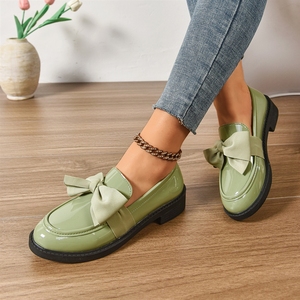 Fashionable Women's Slip on Footwear 2025 - Light Olive Patent Leather Bow Decor Block <b>Heel</b> Loafers for Daily Wear - Product Image 3