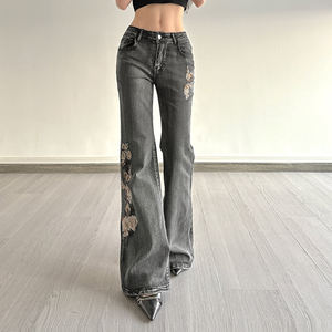 Y2K Breathable Low Rise <b>Flared</b> Denim Jeans with <b>Sequins</b> Embroidery Floral Pattern Vintage Streetwear Style - Product Image 5