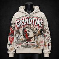 Sudadera con capucha y cremallera para hombre, extragrande, con estampado gráfico, pedrería, efecto desgastado, estilo urbano, lavado vintage, estampado personalizado, de tejido grueso, OEM