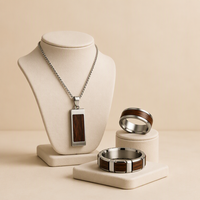 Ensemble de bijoux pour hommes en gros, collier et bague en acier inoxydable avec incrustation de bois naturel, 3 pièces, fabricant de bijoux avec logo personnalisé