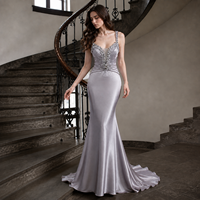 Robe de soirée trompette en satin gris platine, bretelles perlées, décolleté plongeant en V, traîne froncée effet soleil, pour bal de promo, concours de beauté, soirée, sur mesure