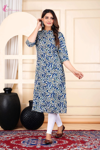 Kurti con estampado floral blanco en línea A |   Kurta Étnica de Algodón con Cuello Mandarín y Mangas Tres Cuartos para Uso Casual - Product Image 2