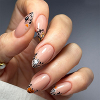 24/30 pièces Faux ongles à presser en ABS, forme amande, motif fantôme flottant 3D mignon d'Halloween, avec motif lune dorée exquis, pré-conçus pour les doigts