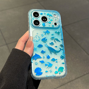 Custodia Trasparente <span class=keywords><strong>per</strong></span> iPhone 17 16 15 Pro Max con Motivi di Delfini e Grappoli di Pesci Blu Oceano, Bumper in TPU e <span class=keywords><strong>Cover</strong></span> Posteriore Rigida IMD con Brillantini - Product Image 2