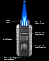 Vente en gros d'allume-cigare à flamme jet bleu puissant à trois feux Grande capacité Gaz visible Briquets torche au butane gonflables portables