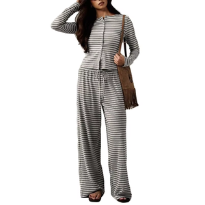 Pijama de Algodón y Fibra de Bambú de Longitud Completa para Mujer, Pijama a Rayas, Ropa de Dormir Informal, Ropa de Casa para Mujer, Conjuntos de Pijama Modal, Ropa de Descanso - Product Image 2