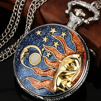 Montre de poche à quartz antique rétro, pendentif collier steampunk, avec horloge médaillon, motif ciel étoilé, lune et soleil, incrusté de perles, avec chaîne