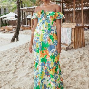 Robe longue à imprimé plage, col en V à volants, taille nouée, robe maxi en lin et coton de haute qualité personnalisée - Product Image 1