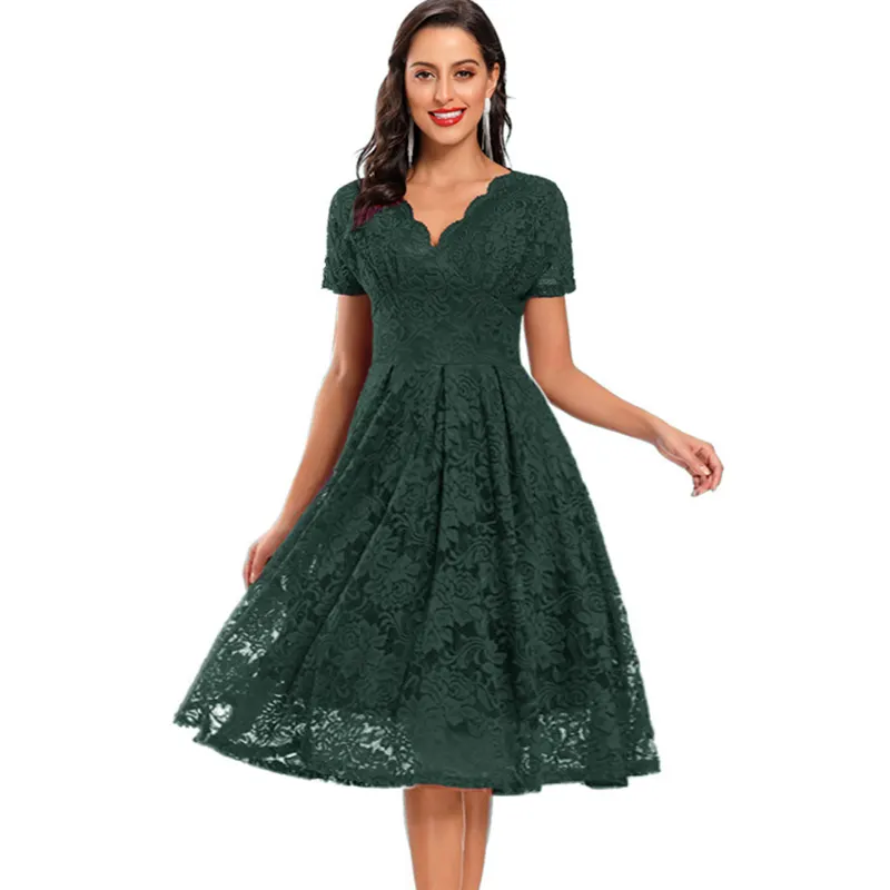 Women V-neck Short Sleeve Lace Elegant Dress Lining Fashion Lady A-line Bridesmaid Party Casual Midi Long Dress