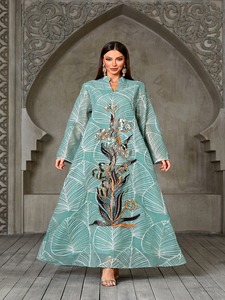 Abaya Maxi A-Line pour Femme, Style Moyen-Orientale Musulmane, en Satin avec Appliques Artisanales, Élégante et Luxueuse, Col en V, Manches Lanterne, Imprimé Numérique, Dubaï - Product Image 6