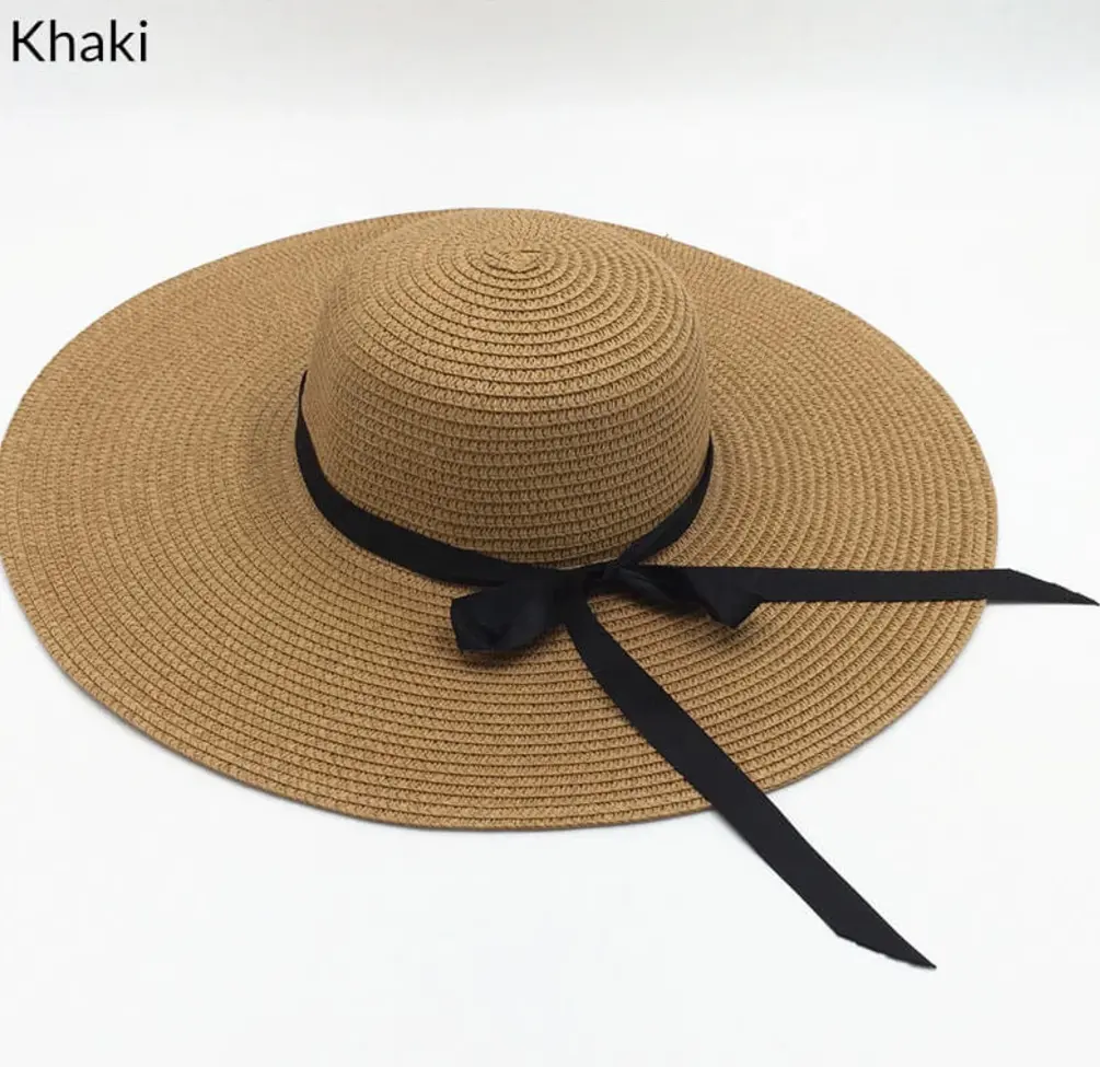 여름 여성용 플로피 밀짚 모자 검은 리본이 달린 넓은 챙