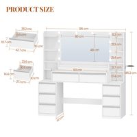 Miroir de coiffeuse avec 10 lumières LED réglables 3 couleurs, support de sèche-cheveux, 8 tiroirs, éclairage dimmable et écologique