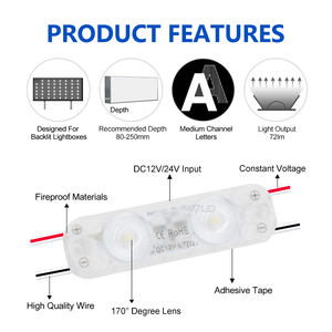 Module LED 2835 à 2 LED, DC12V 24V, 0,72W, pour éclairage de panneaux signalétiques et lettres lumineuses - Product Image 3