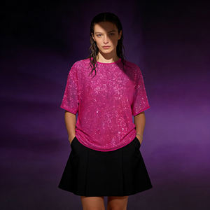 Customization Hot <b>Pink</b> Sequin Oversized Flare Sleeve Tunic Dress Shiny Sparkle Fabric Natural Waist Casual Hollow Eco-Friendly - Product Image 3