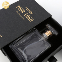 Boîtes d'emballage en papier personnalisées de luxe noires avec logo en feuille d'or pour cosmétiques, parfums, cadeaux, boîtes à tiroirs noires floquées découpées à l'emporte-pièce avec éponge