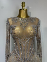 Nouvelle combinaison sexy en strass pour femme, combinaison en maille transparente scintillante, tenue de scène, danse, boîte de nuit, soirée
