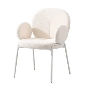 Boucle Fabric Accent Dining Chair, Sherpa Furry Casual Padded White Chair, Fuzzy Cozy Armchair for Living Room Bedroom Study