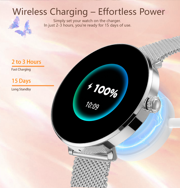 2026 New Smart Watch for Women 1.04" AMOLED Screen Stainless Steel Strap Wireless Charging 100+ Sports Modes IP68 Waterproof