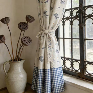 Custom French Country <strong>Curtains</strong> Blue <strong>Gingham</strong> Patchwork Floral Print Linen Drapes Vintage Lace Trim for Kitchen Bedroom - Product Image 2