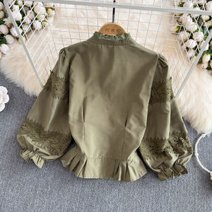 Chemise décontractée rétro à col montant, à simple boutonnage, avec dentelle, manches lanternes amples, veste pour femme, taille étrangère - Product Image 4