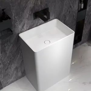 Pia de pedra de resina de superfície sólida com pedestal para banheiro lavatórios de pedra de resina autônomos lavatório de pedra artificial branco fosco