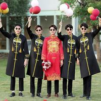 Ecoparty baju pengiring pengantin pria, gaun tradisional Tiongkok Cheongsam panjang bergaya Oriental Modern untuk pria