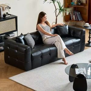 Minimalist Black Leather <b>Sofa</b> Straight Shape Tufted Design For Living Room - Product Image 4