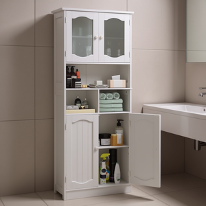 Armoire de rangement pour salle de bain, 24 pouces de large, 4 niveaux avec portes en verre, autoportante, solution d'organisation élégante - Product Image 2