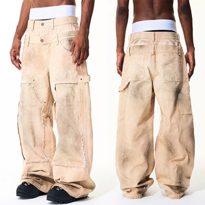 YUCE OEM Venta al por mayor Jeans <span class=keywords><strong>de</strong></span> hombre <span class=keywords><strong>de</strong></span> doble cintura, <span class=keywords><strong>de</strong></span> lona deshilachada, con lavado desgastado, <span class=keywords><strong>de</strong></span> sarga, estilo carpintero, holgados y desgastados - Product Image 3
