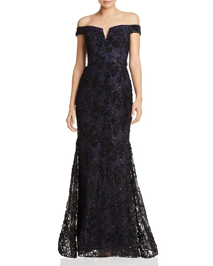 Elegant Luxury Sequined Beaded Off-the-Shoulder Embellished Lace Gown Party Prom Evening Dress